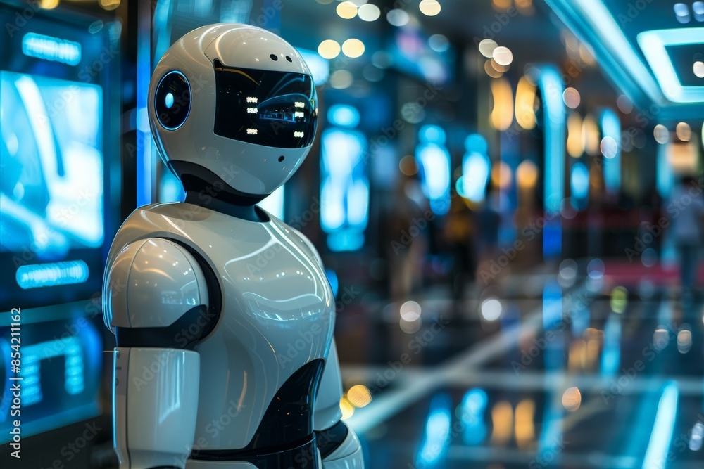 Poster A modern, sleek robot with a digital face display stands in a futuristic environment with neon lights
