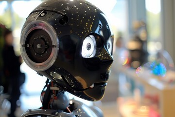 Fototapeta premium An advanced black robotic head featuring a camera eye and cerebral design in a bright, modern environment