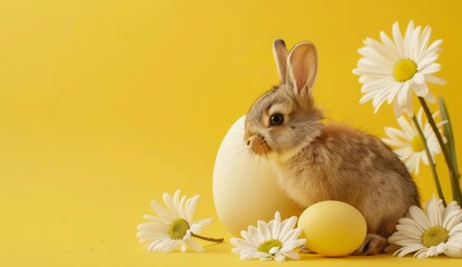 An Easter bunny with an egg in flowers on a yellow background. Stock.