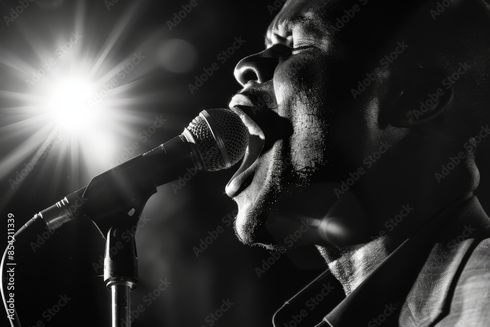 Poster A black and white image capturing a dynamic moment of a singer passionately using a microphone with a bright backlight