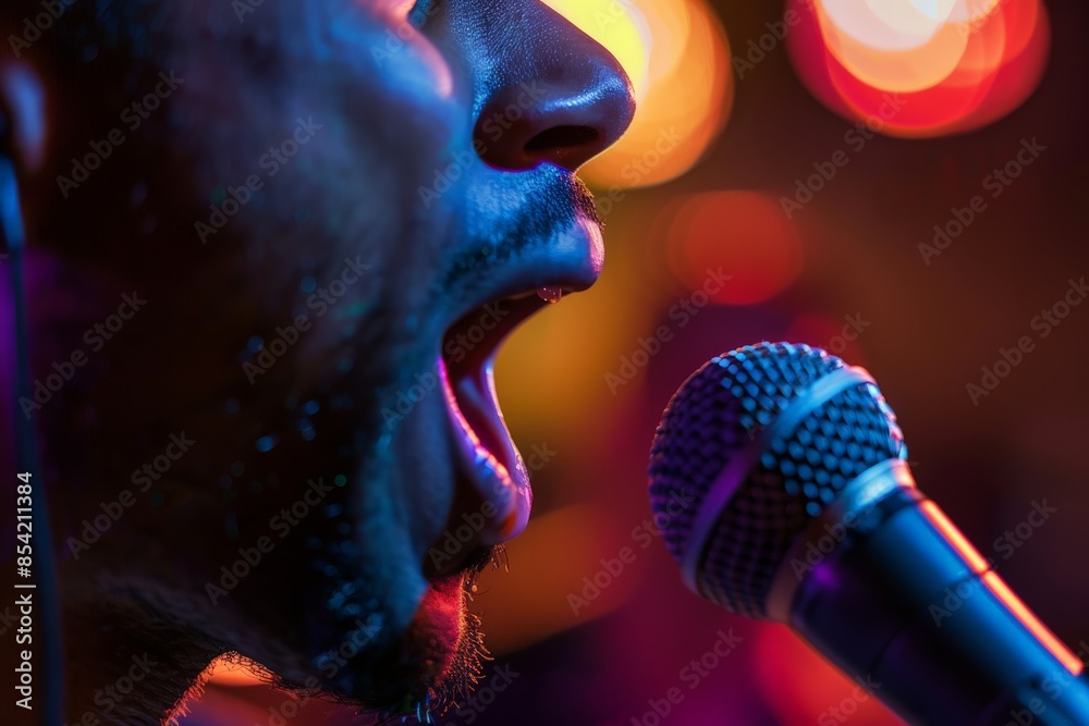 Poster This image focuses on a microphone with bokeh lights and a blurred background of a singer in warm colors