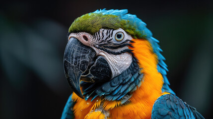 close up of beautiful plumage of parrot with black background, tropical macaw in nature