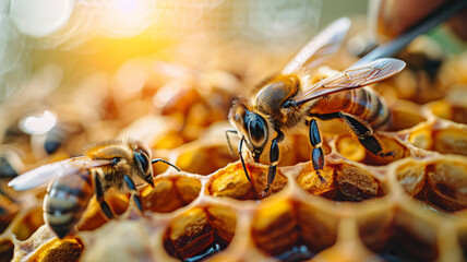 Close-up photo of bees working on a honeycomb.