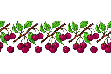 Сherry branch, red cherry and green leaves. Seamless pattern. Banner with color berries. Vector illustration