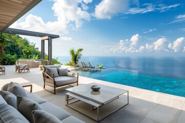 Fototapeta premium From sunrise yoga sessions to evening cocktail parties, the versatile furniture arrangements on the modern patio accommodate a myriad of leisure activities