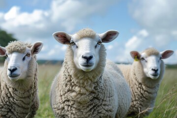 Fototapeta premium Sheep looking at the camera while grazing on green grass, with a focus on rural life and farming