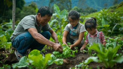 The modern family working together in the vegetable garden. Stock artificial intelligence.