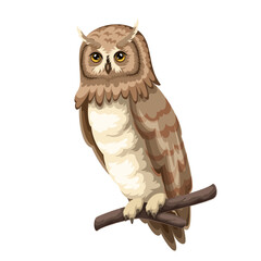 Great horned owl on perch, cartoon forest predator. Funny portrait of brown bird sitting on tree branch. Wisdom symbol, predatory and ornithology mascot, cartoon wise night owl vector illustration