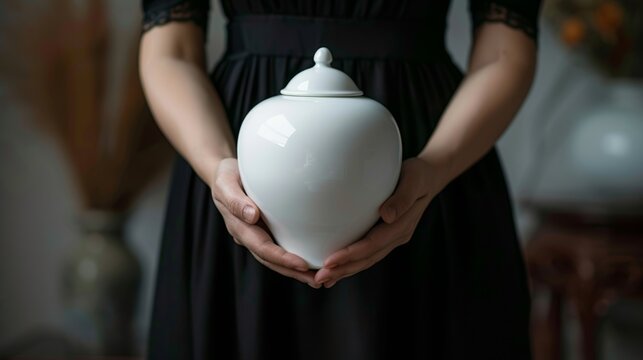 An artificial intelligence model of a woman holding a white funeral urn.
