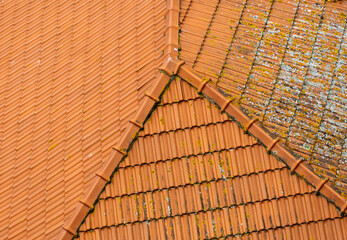 Roofing, tiles on the roof of a building, traditional architecture, texture photo. Portugal