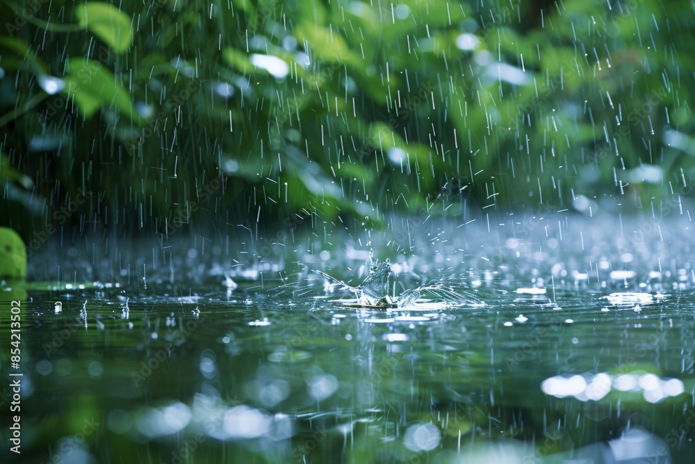 Poster close-up of raindrops creating ripples on a water surface amidst lush green foliage in a peaceful se