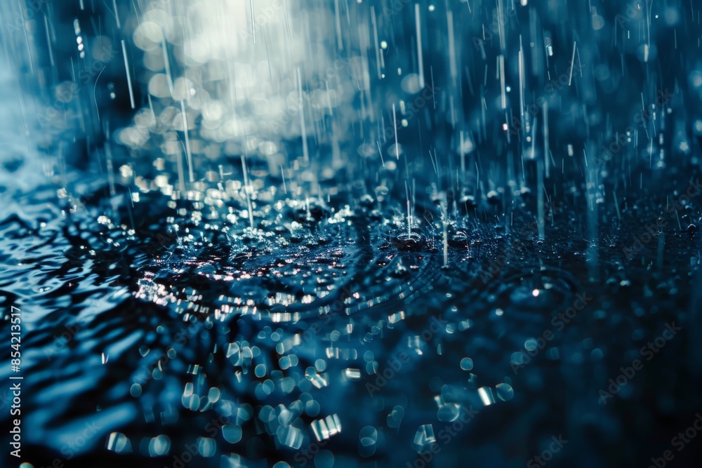 Poster a close-up of raindrops creating ripples as they hit the surface of water, reflecting light