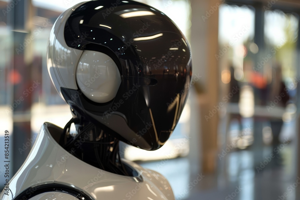 Poster A close-up of a sleek robot head with futuristic design and reflective surface in an indoor setting