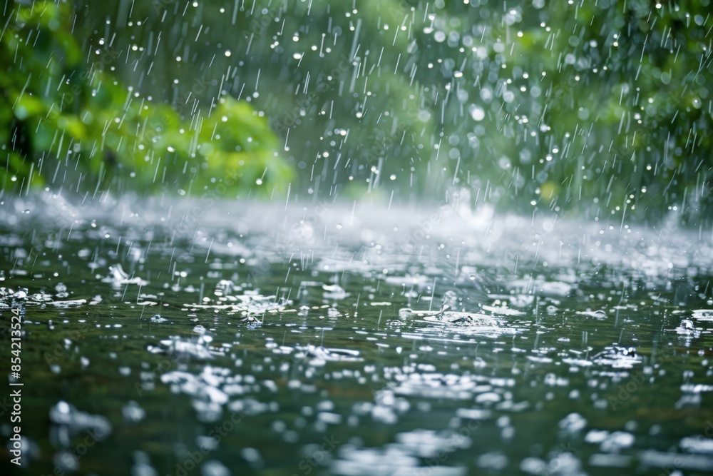 Poster heavy rainfall splashing into a river with lush green backdrop creates a tranquil scene
