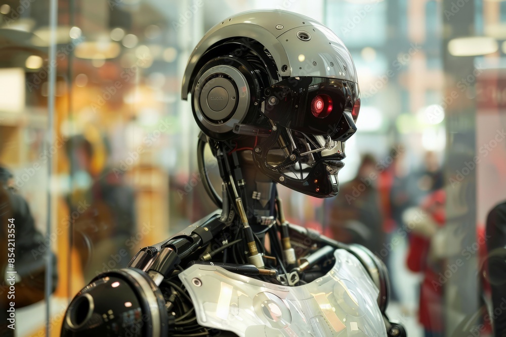 Aufkleber Close-up image highlighting the head of a robot with illuminated red eye, against a blurred background