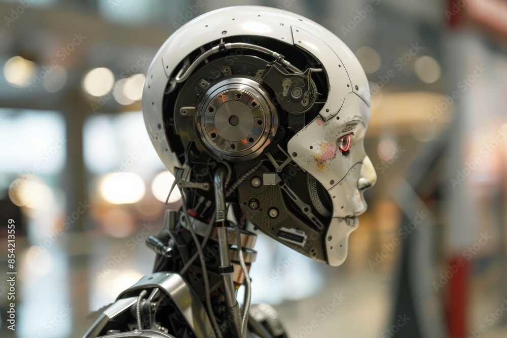 Aufkleber a highly detailed image focusing on the head of a humanoid robot, showcasing mechanical components