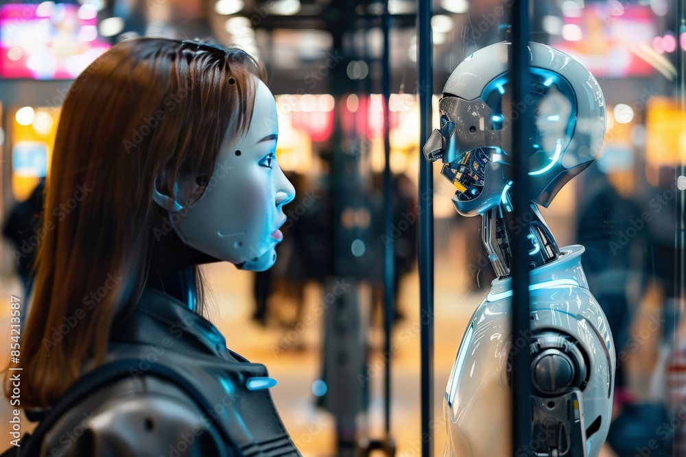 Poster a woman with hidden face is standing facing a humanoid robot, both set against a colorful, blurred b
