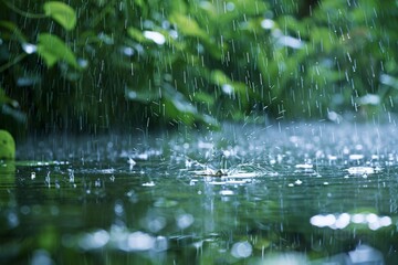 Close-up of raindrops creating ripples on a water surface amidst lush green foliage in a peaceful setting