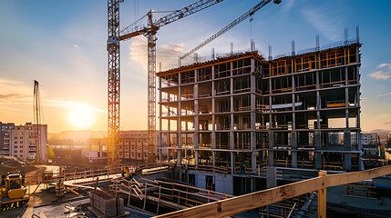 construction site for a large building with a clear blue sky background