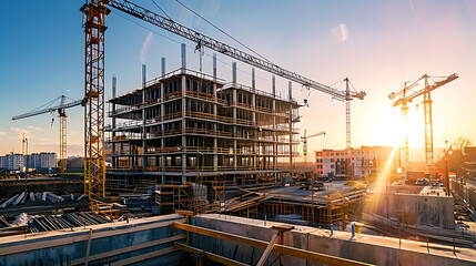 construction site for a large building with a clear blue sky background