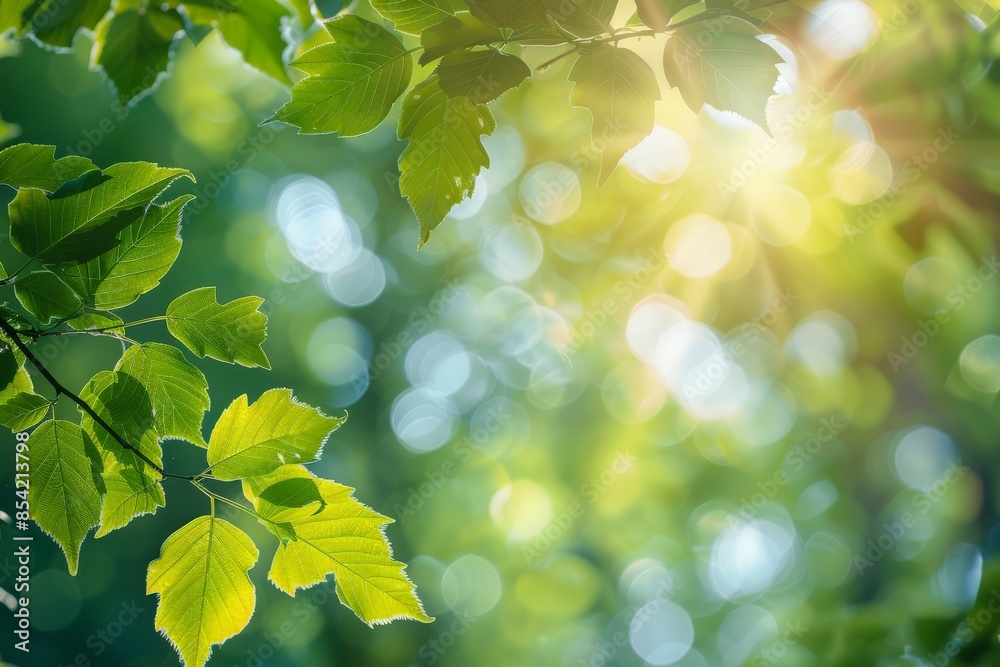 Poster Sunlit green leaves with bokeh background, creating a peaceful and refreshing environment