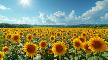 Obraz premium Panoramic sunflower field, blossoms reaching towards sun, blue sky background. Concept agricultural