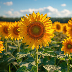 Fototapeta premium Panoramic sunflower field, blossoms reaching towards sun, blue sky background. Concept agricultural