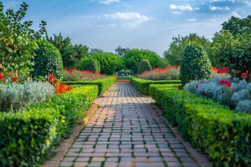 Fototapeta premium This image showcases a well-kept garden pathway lined with lush greenery and colorful flowers, radiating serenity