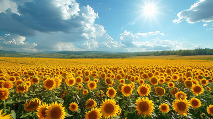 Obraz premium Panoramic sunflower field, blossoms reaching towards sun, blue sky background. Concept agricultural
