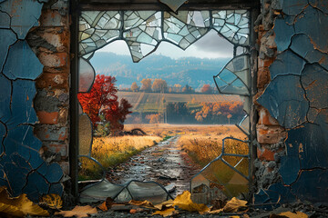 stained glass window scene depicts an idyllic countryside landscape with rolling hills and a distant village