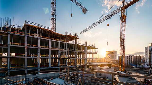 construction site for a large building with a clear blue sky background