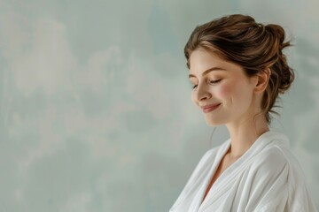 Fototapeta premium pregnant woman in a white robe on a pastel background. Big belly