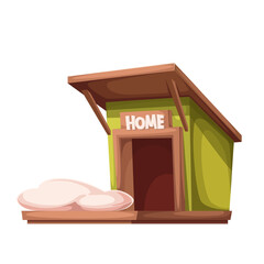 Doghouse, cartoon dog house with Home sign. Funny wooden green kennel with roof and door, cozy pillow on floor for cat and dog sweet dreams, cartoon comfortable puppy home vector illustration