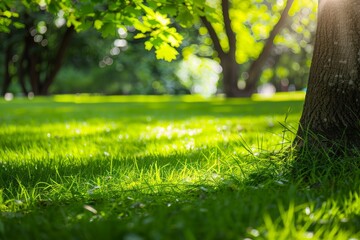 Serene park scene with sunlight filtering through leaves onto a vibrant green lawn Perfect for outdoor and nature themes