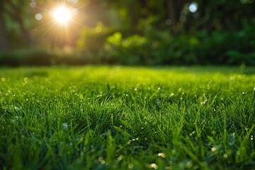 Naklejka premium Fresh green grass glistening with dew drops in the morning light