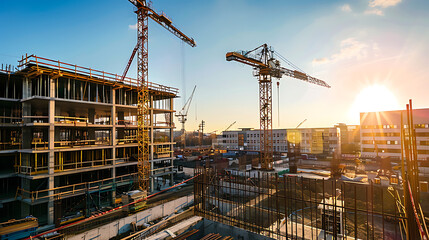 construction site for a large building with a clear blue sky background
