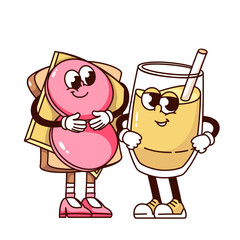 Groovy waffle dessert with tea cartoon characters friends. Funny retro glass of drink and waffle with tongues sticking out, breakfast food mascot, cartoon sticker of 70s 80s style vector illustration