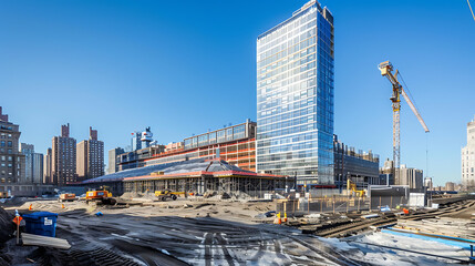 construction site for a large building with a clear blue sky background