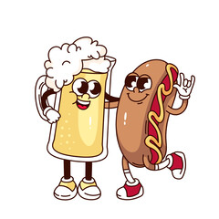 Groovy mug of beer and hotdog cartoon characters friends. Funny retro fun buddies hugging, beer with snack mascot, cartoon food and drink for pub party sticker of 70s 80s style vector illustration