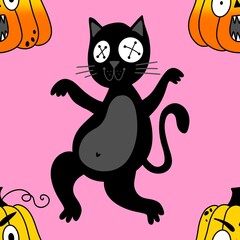 Halloween animals seamless cats and pumpkins pattern for wrapping paper