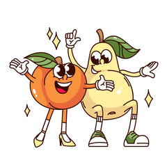 Groovy fruit cartoon characters friends. Funny retro cheerful couple of peach and pear with smiles, happy vitamin food mascot, cartoon fruit dance sticker of 70s 80s style vector illustration