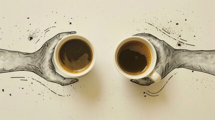 Two espresso cups with hand drawing hand to hand. Helping hands, coffee art or creative concept.