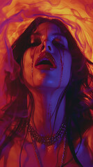 extravagant woman dressed as a vampire skin pale and her lips blood red estilo surreal halloween horror