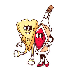 Groovy cheese and wine bottle cartoon characters hugging. Funny retro love hugs of cheese and drink couple, picnic and romantic date mascot, cartoon sticker of 70s 80s style vector illustration