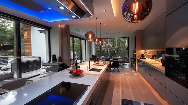 Elevate your kitchen with statement lighting such as a sculptural chandelier or oversized pendant lights for a modern focal - Powered by Adobe