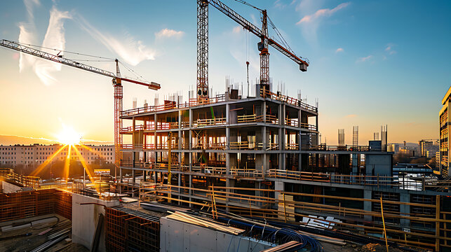 construction site for a large building with a clear blue sky background
