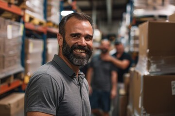 Fototapeta premium A young mixed-race American business worker holds packages in a storehouse background.