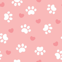 Pet paw seamless pattern. Vector illustration with paw and hearts on pink background. It can be used for wallpapers, wrapping, cards, patterns for clothes and other.