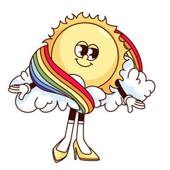 Groovy sun cartoon character with sunshine, cloud and rainbow. Funny retro sun with cute smile and girls shoes, sunny summer vacation mascot, cartoon sticker of 70s 80s style vector illustration