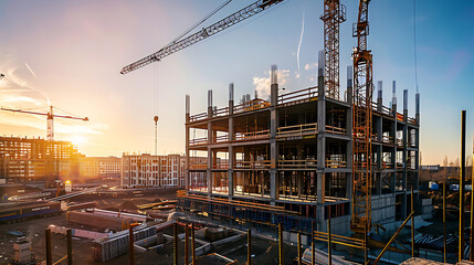 construction site for a large building with a clear blue sky background